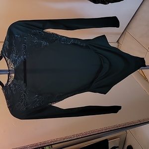 Women's Sexy Backless Lace Appliques Long Sleeve Bodysuit Green Small